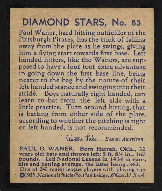 1934-1936 R327 Diamond Stars #83 Paul Waner (1935, blue back) Pittsburgh Pirates - Back