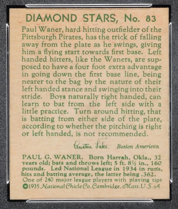 1934-1936 R327 Diamond Stars #83 Paul Waner (1935, green back) Pittsburgh Pirates - Back