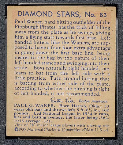 1934-1936 R327 Diamond Stars #83 Paul Waner (1936) Pittsburgh Pirates - Back