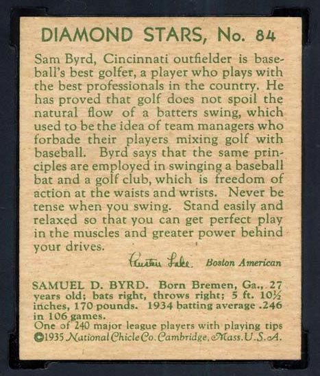 1934-1936 R327 Diamond Stars #84 Sam Byrd (1935, green back) Cincinnati Reds - Back