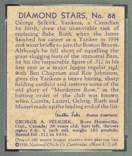 1934-1936 R327 Diamond Stars #88 Geo. Selkirk (1936) New York Yankees - Back