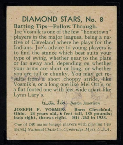 1934-1936 R327 Diamond Stars #8 Joe Vosmik (1934) Cleveland Indians - Back