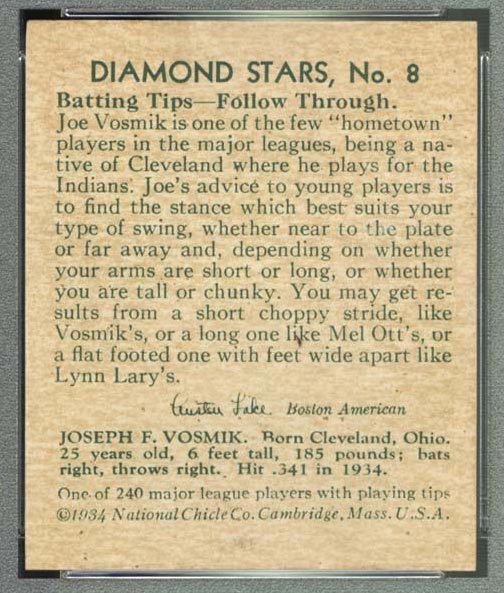 1934-1936 R327 Diamond Stars #8 Joe Vosmik (1935) Cleveland Indians - Back