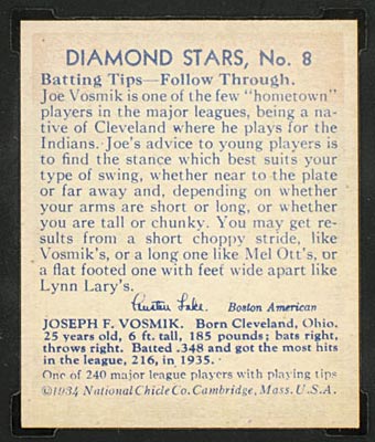 1934-1936 R327 Diamond Stars #8 Joe Vosmik (1936) Cleveland Indians - Back