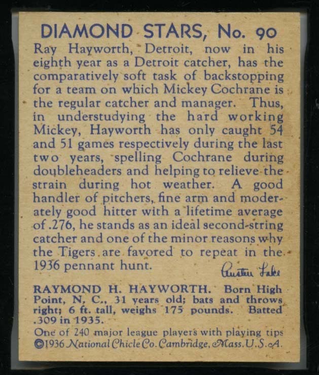 1934-1936 R327 Diamond Stars #90 Ray Hayworth (1936) Detroit Tigers - Back