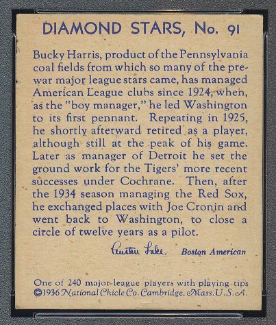 1934-1936 R327 Diamond Stars #91 Bucky Harris (1936) Washington Senators - Back