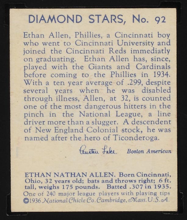 1934-1936 R327 Diamond Stars #92 Ethan Allen (1936) Philadelphia Phillies - Back