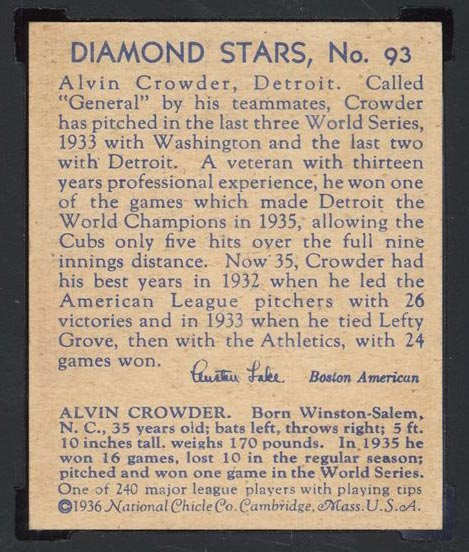 1934-1936 R327 Diamond Stars #93 Alvin Crowder (1936) Detroit Tigers - Back