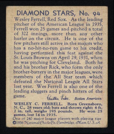 1934-1936 R327 Diamond Stars #94 Wes Ferrell (1936) Boston Red Sox - Back