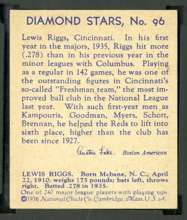 1934-1936 R327 Diamond Stars #96 Lew Riggs (1936) Cincinnati Reds - Back