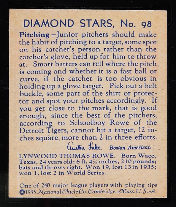 1934-1936 R327 Diamond Stars #98 “Schoolboy” Rowe (1936) Detroit Tigers - Back