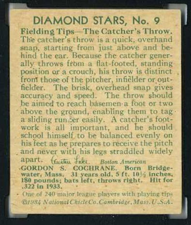 1934-1936 R327 Diamond Stars #9 “Mickey” Cochrane (1934) Detroit Tigers - Back