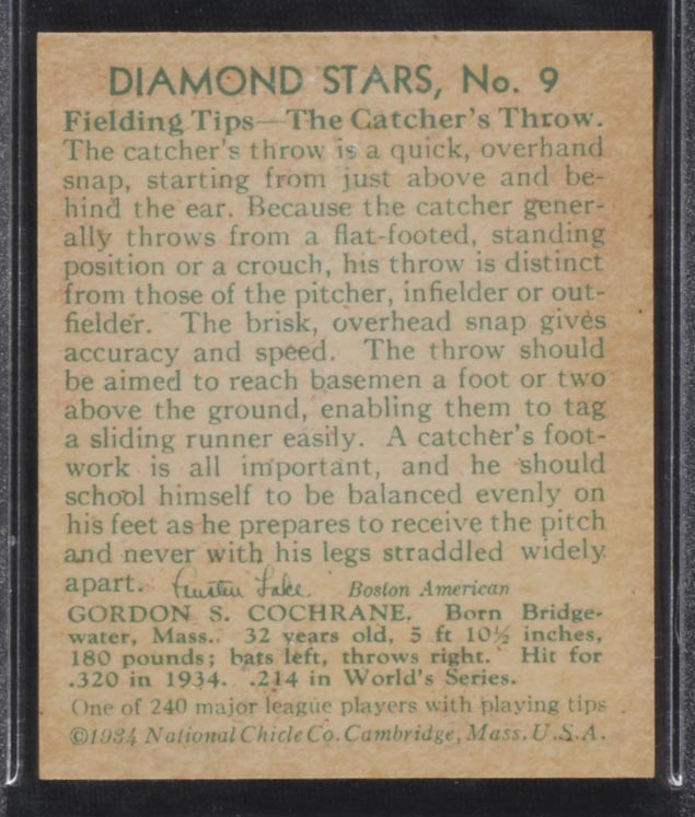 1934-1936 R327 Diamond Stars #9 “Mickey” Cochrane (1935) Detroit Tigers - Back