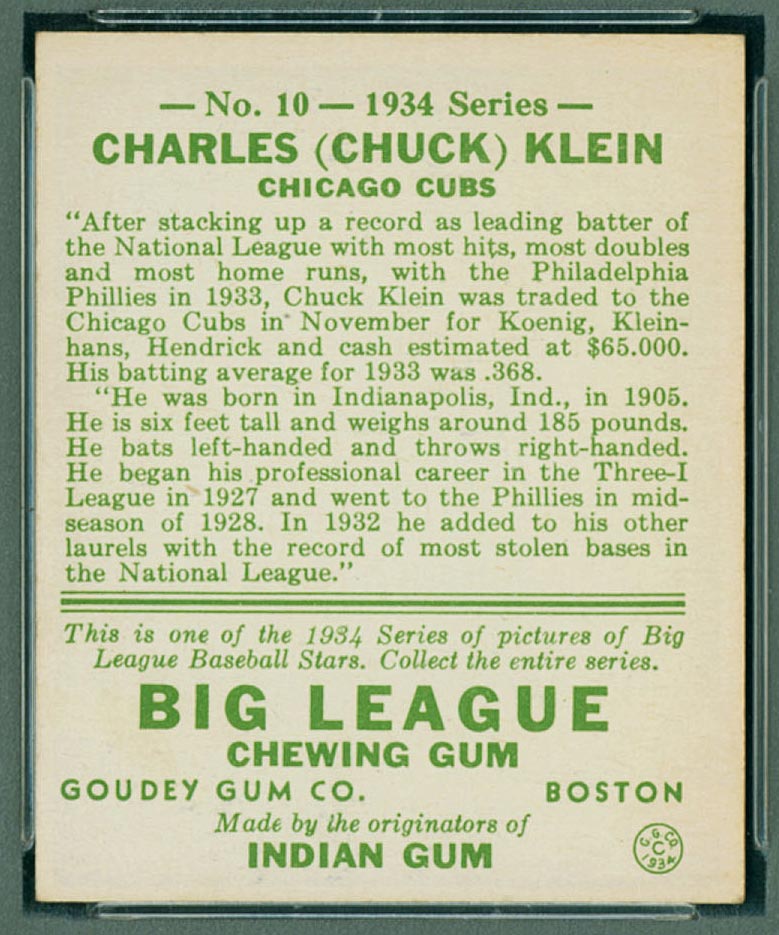 1934 Goudey #10 Charles (Chuck) Klein Chicago Cubs - Back