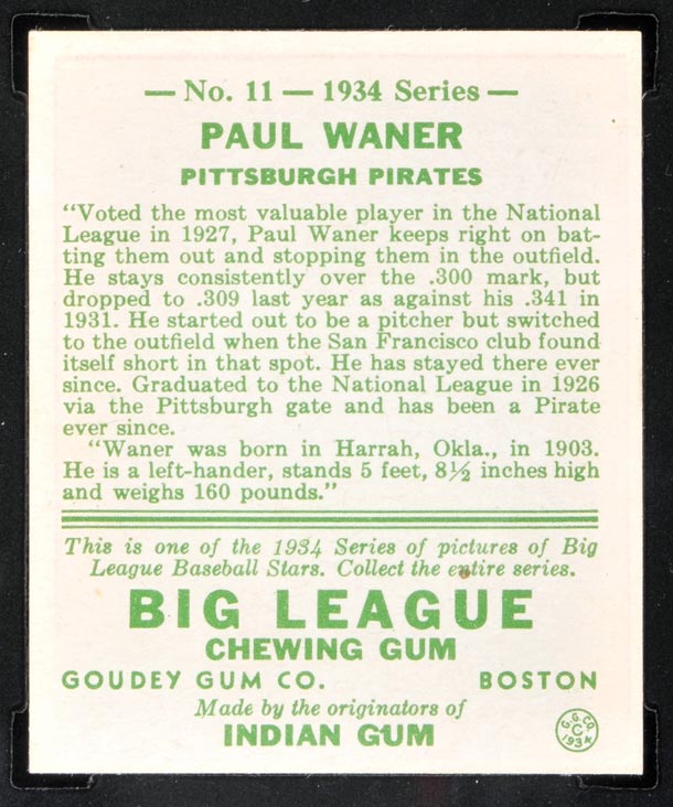 1934 Goudey #11 Paul Waner Pittsburgh Pirates - Back