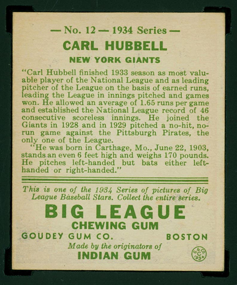 1934 Goudey #12 Carl Hubbell New York Giants - Back