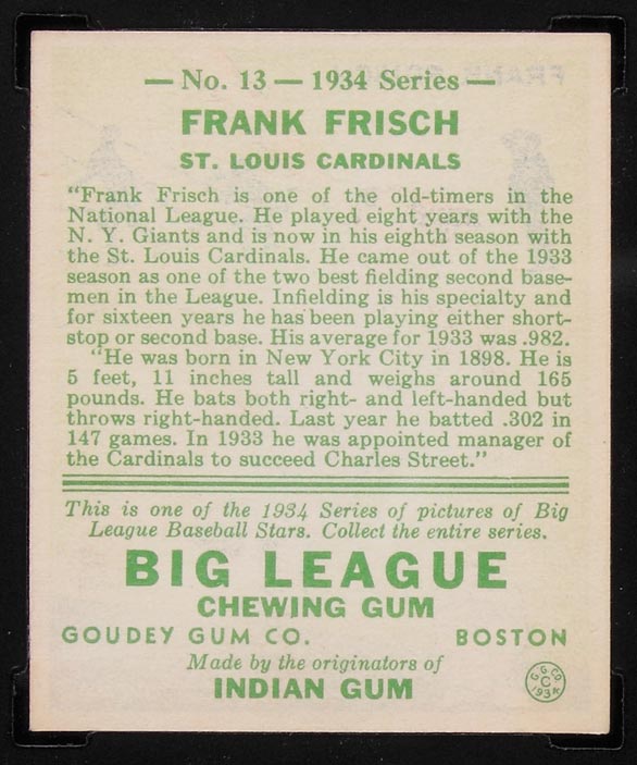 1934 Goudey #13 Frank Frisch St. Louis Cardinals - Back