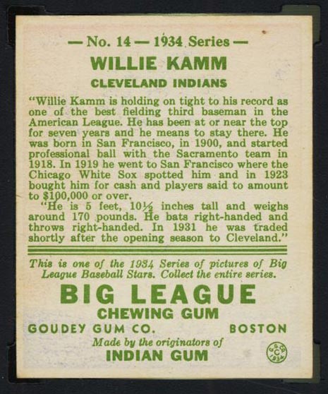 1934 Goudey #14 Willie Kamm Cleveland Indians - Back