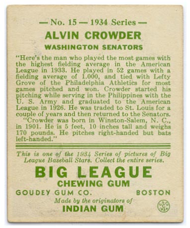 1934 Goudey #15 Alvin Crowder Washington Senators - Back