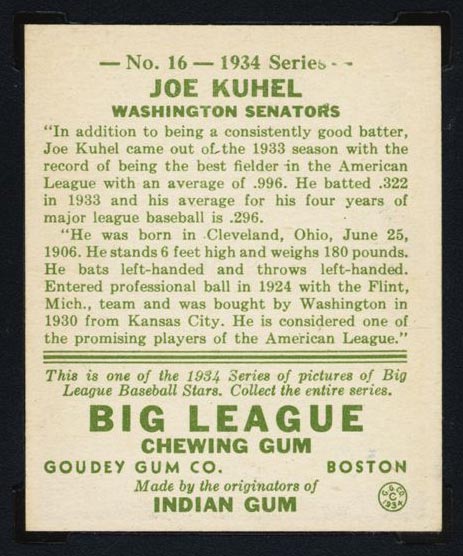 1934 Goudey #16 Joe Kuhel Washington Senators - Back