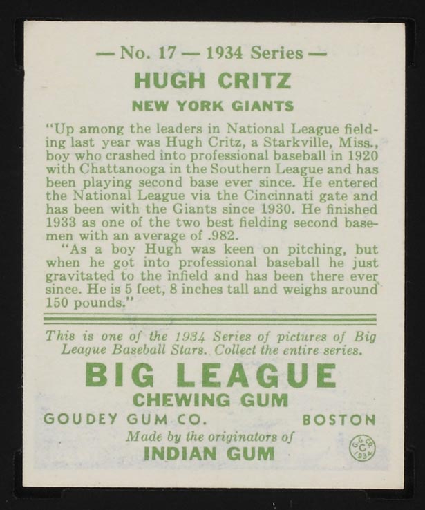 1934 Goudey #17 Hugh Kritz New York Giants - Back