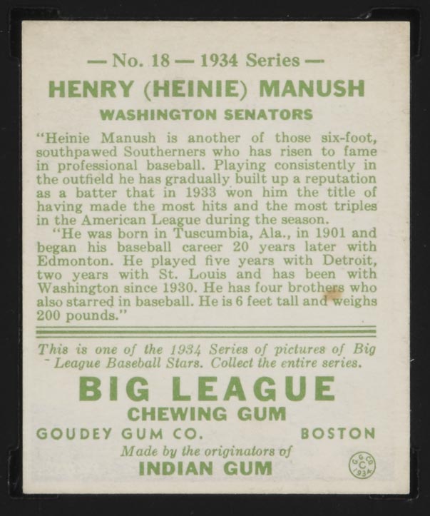 1934 Goudey #18 Henry (Heinie) Manush Washington Senators - Back