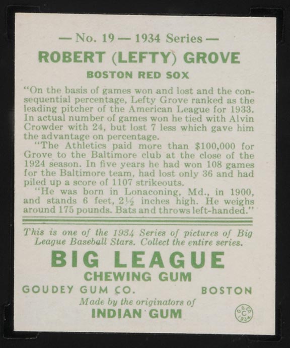 1934 Goudey #19 Robert (Lefty) Grove Boston Red Sox - Back