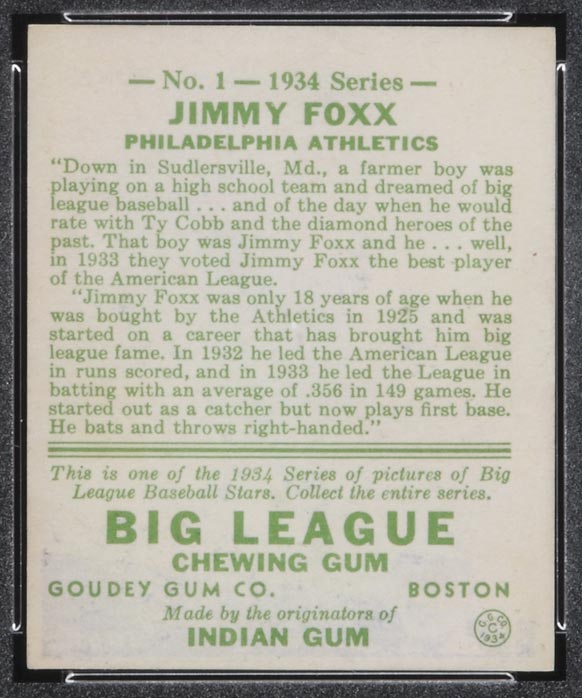 1934 Goudey #1 Jimmy Foxx Philadelphia Athletics - Back