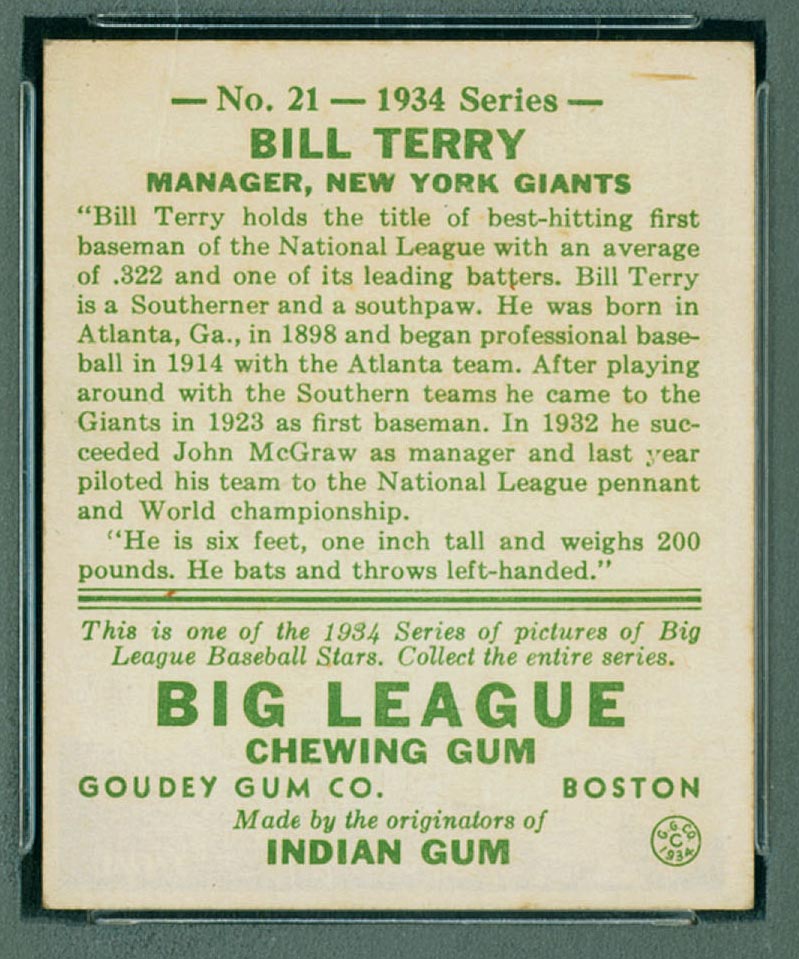 1934 Goudey #21 Bill Terry New York Giants - Back