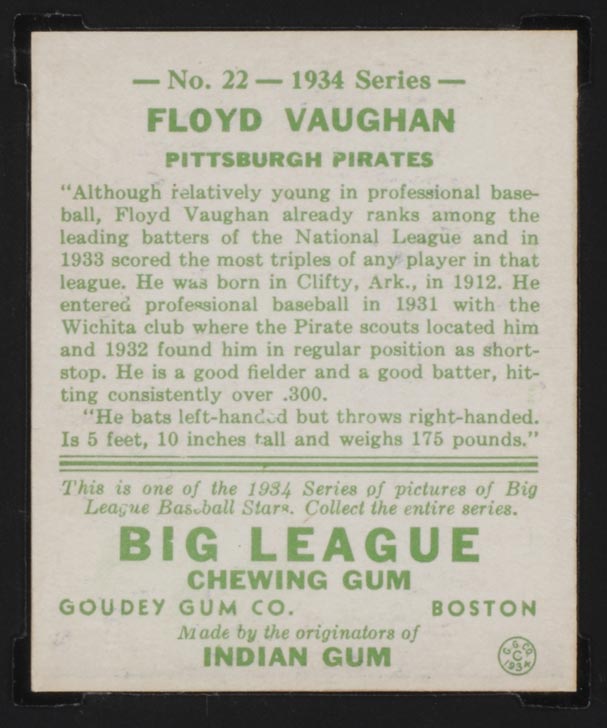1934 Goudey #22 Floyd (Arky) Vaughan Pittsburgh Pirates - Back
