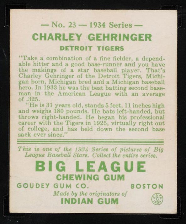 1934 Goudey #23 Charley Gehringer Detroit Tigers - Back