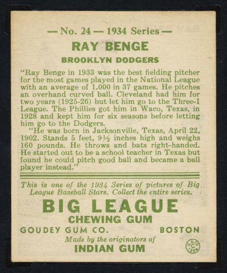 1934 Goudey #24 Ray Benge Brooklyn Dodgers - Back