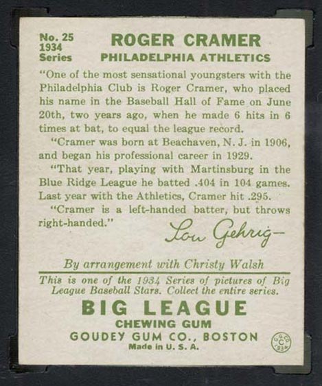 1934 Goudey #25 Roger Cramer Philadelphia Athletics - Back