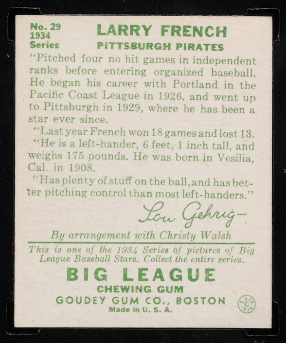 1934 Goudey #29 Larry French Pittsburgh Pirates - Back