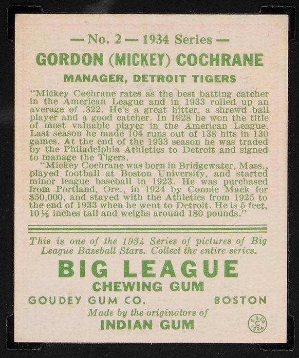 1934 Goudey #2 Mickey Cochrane Detroit Tigers - Back