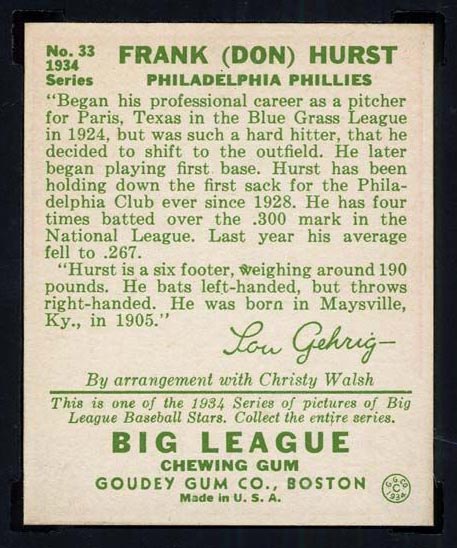 1934 Goudey #33 Frank (Don) Hurst Philadelphia Phillies - Back