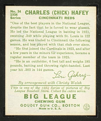 1934 Goudey #34 Charles (Chick) Hafey Cincinnati Reds - Back