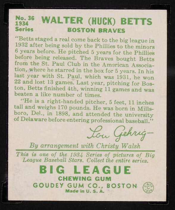 1934 Goudey #36 Walter (Huck) Betts Boston Braves - Back