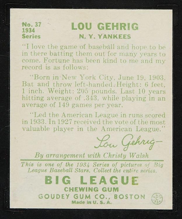 1934 Goudey #37 Lou Gehrig New York Yankees - Back