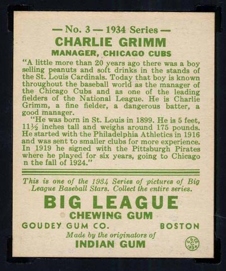 1934 Goudey #3 Charlie Grimm Chicago Cubs - Back