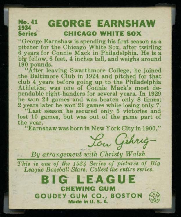 1934 Goudey #41 George Earnshaw Chicago White Sox - Back