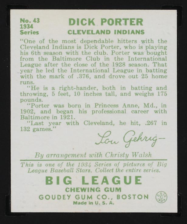 1934 Goudey #43 Dick Porter Cleveland Indians - Back