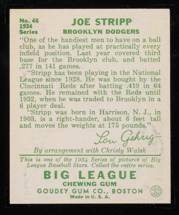 1934 Goudey #46 Joe Stripp Brooklyn Dodgers - Back