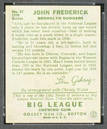 1934 Goudey #47 John Frederick Brooklyn Dodgers - Back