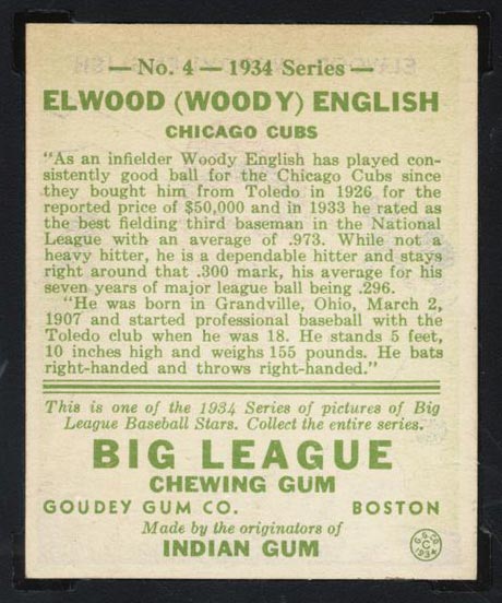 1934 Goudey #4 Elwood (Woody) English Chicago Cubs - Back