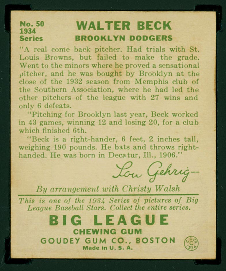 1934 Goudey #50 Walter Beck Brooklyn Dodgers - Back