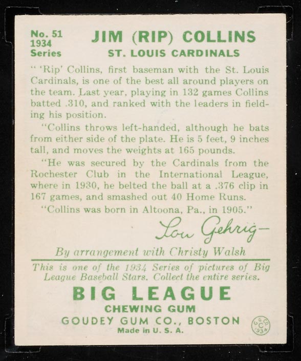 1934 Goudey #51 Jim (Rip) Collins St. Louis Cardinals - Back