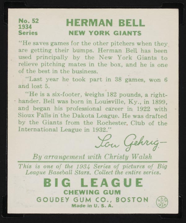 1934 Goudey #52 Herman Bell New York Giants - Back