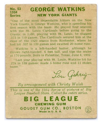 1934 Goudey #53 George Watkins New York Giants - Back