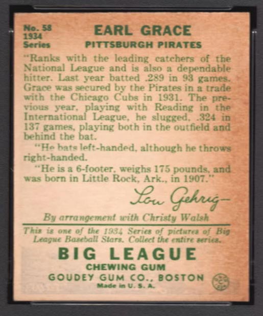 1934 Goudey #58 Earl Grace Pittsburgh Pirates - Back